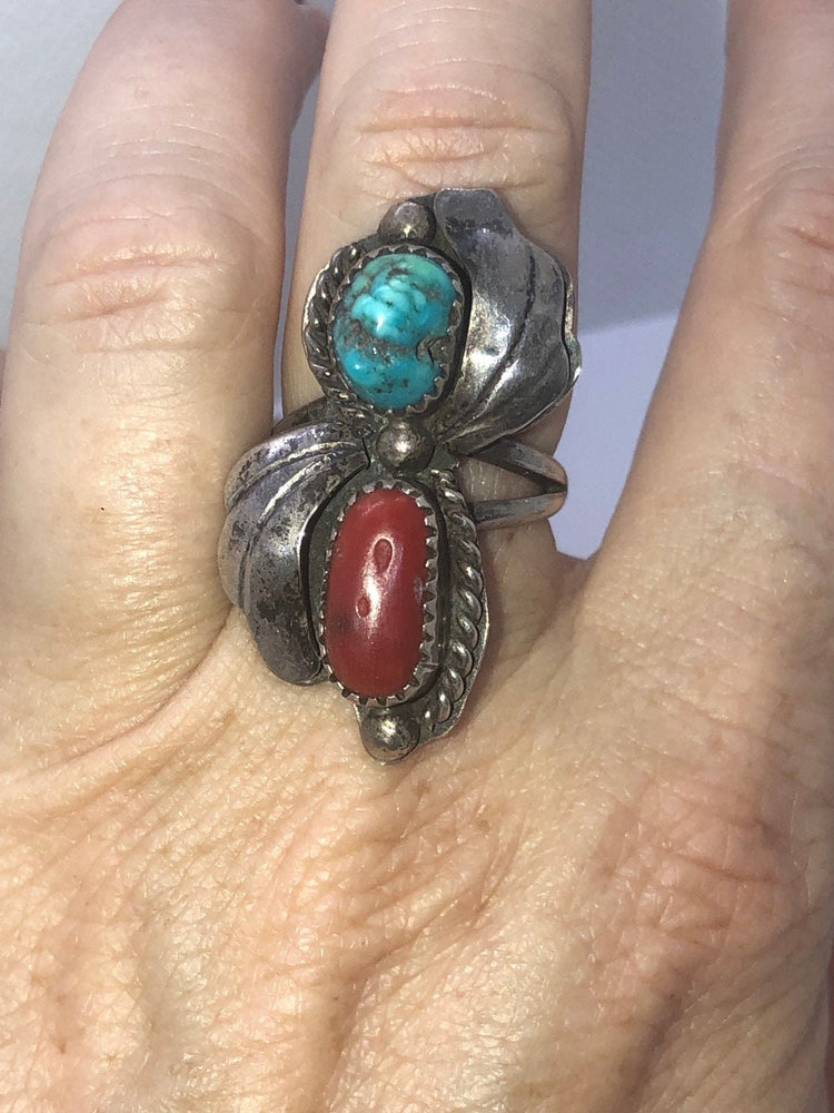 Vintage Native American Indian turquoise red coral sterling silver old pawn ring size 6.25