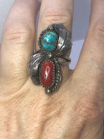 Vintage Native American Indian turquoise red coral sterling silver old pawn ring size 6.25
