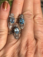 Vintage Blue topaz gemstone sterling silver ring and earrings set Art deco style 925 Size  6 +