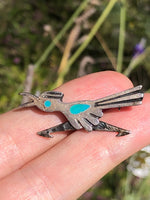 Vintage Native American Indian turquoise sterling silver roadrunner brooch southwestern