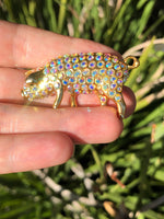 Great vintage aurora borealis rhinestones pig brooch - pin gold tone costume