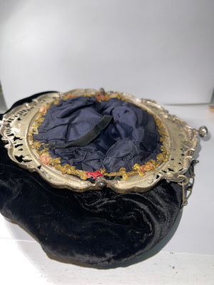 Victorian 1800s Black Velvet Hand Bag Silver Metal Frame Ornate Plunger & Pull Tab Purse Farm Satchel Pouch
