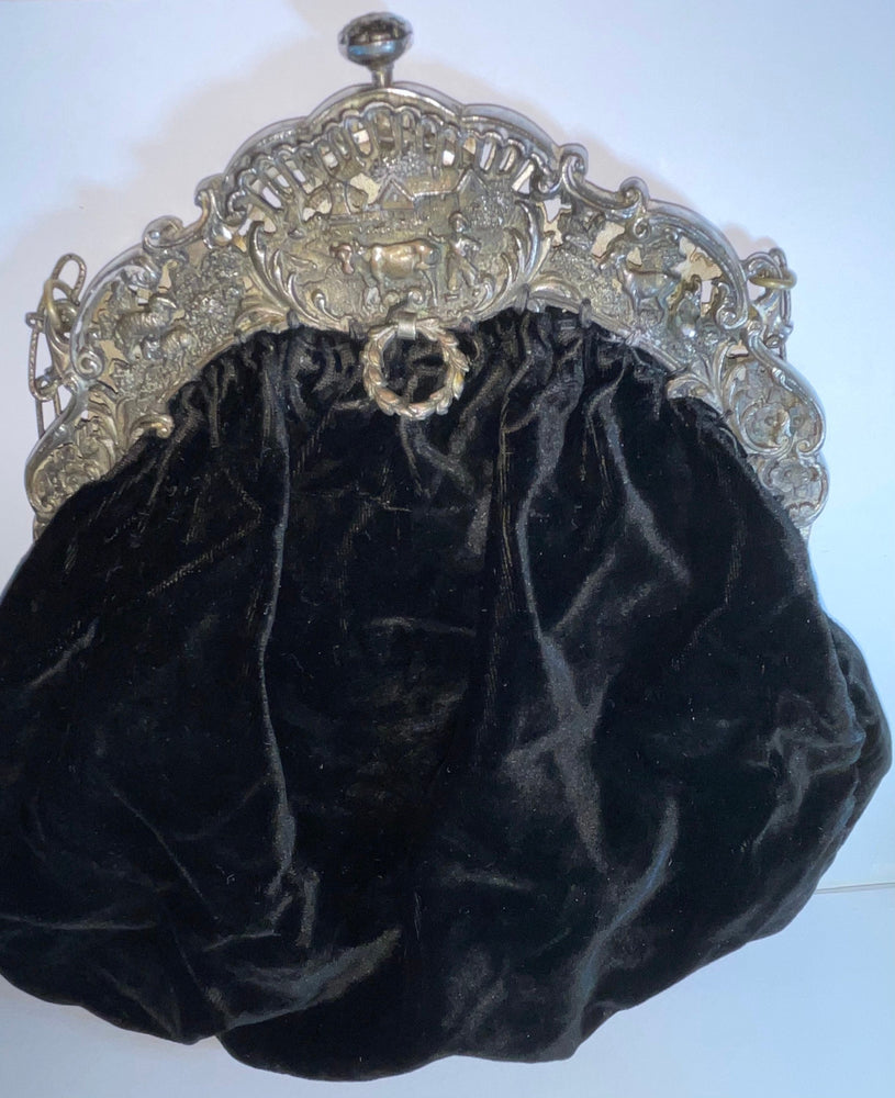 Victorian 1800s Black Velvet Hand Bag Silver Metal Frame Ornate Plunger & Pull Tab Purse Farm Satchel Pouch