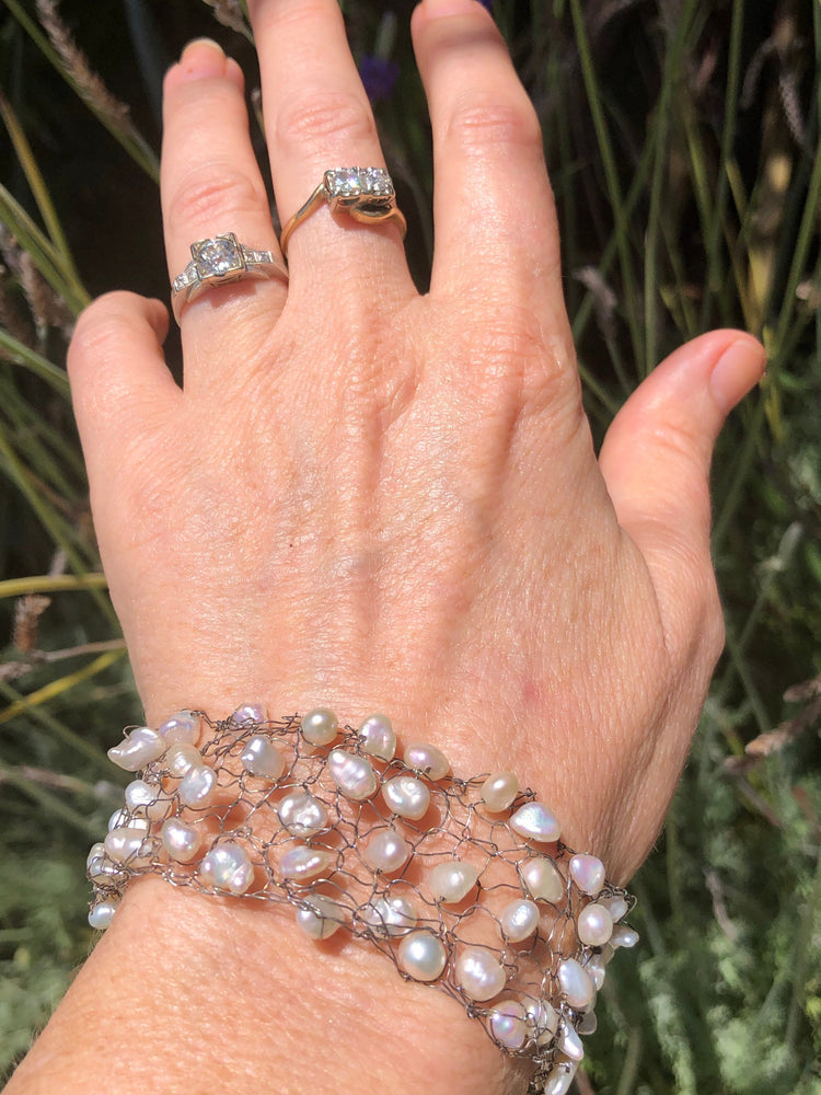 Vintage white freshwater pearls sterling silver mesh woven bracelet wide
