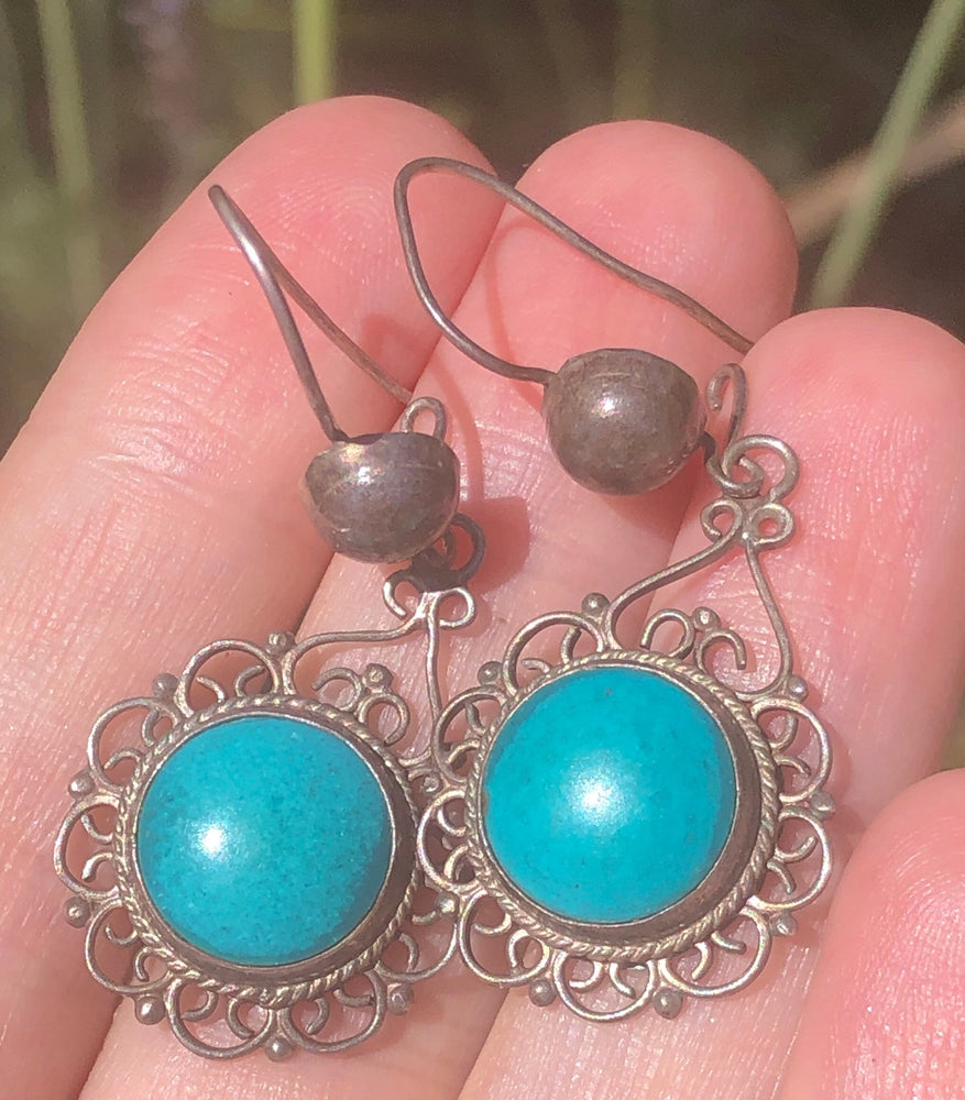Antique Victorian Blue Turquoise Filigree Dangle Earrings - Sterling Silver 925