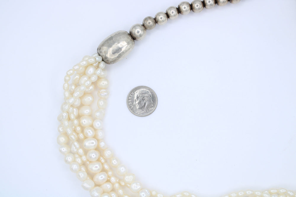 Vintage Silpada Genuine Pearl 5-Strand Beaded Necklace - Sterling Silver 925 Ball Beads Designer Silipada
