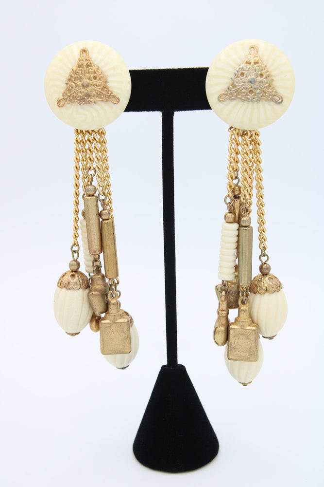 Vintage Antique Cialenga Perfume Clip-on Earrings - Cialenga By Balenciaga Paris with Perfume Bottles Gold-tone Statement