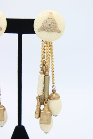 Vintage Antique Cialenga Perfume Clip-on Earrings - Cialenga By Balenciaga Paris with Perfume Bottles Gold-tone Statement