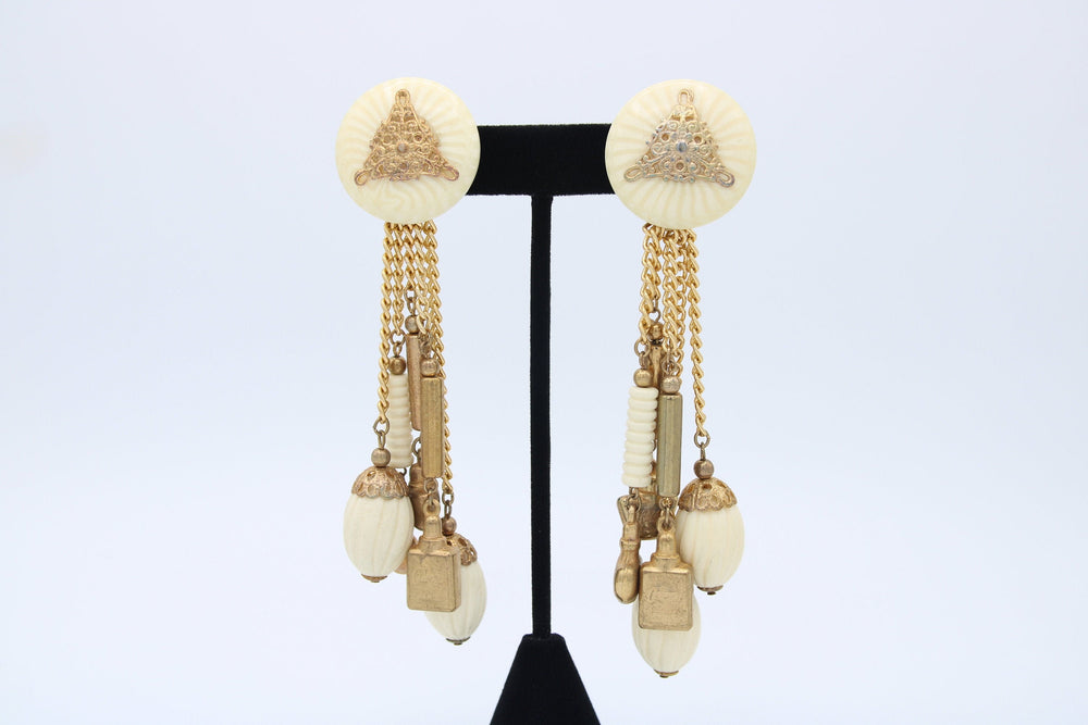 Vintage Antique Cialenga Perfume Clip-on Earrings - Cialenga By Balenciaga Paris with Perfume Bottles Gold-tone Statement