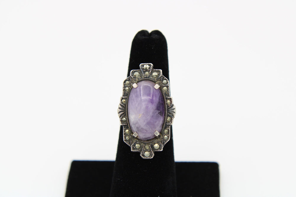 Antique Purple Amethyst & Marcasite Art Deco Sterling Silver Ring - Amazing LCW 925 Gemstone Ring Size 5.5