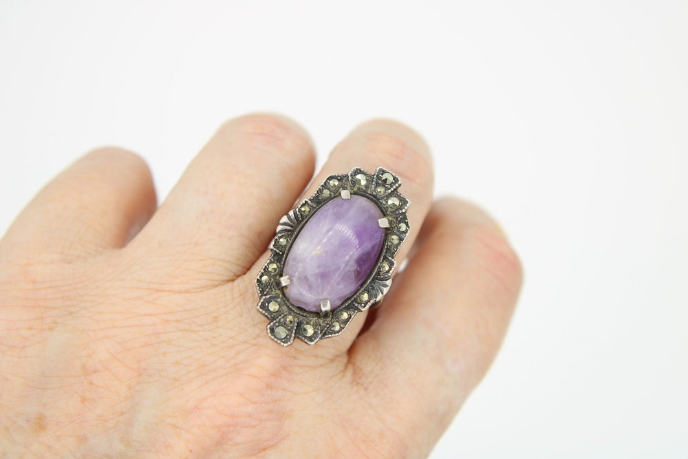 Antique Purple Amethyst & Marcasite Art Deco Sterling Silver Ring - Amazing LCW 925 Gemstone Ring Size 5.5