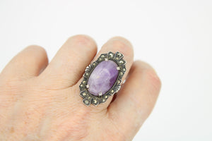 Antique Purple Amethyst & Marcasite Art Deco Sterling Silver Ring - Amazing LCW 925 Gemstone Ring Size 5.5