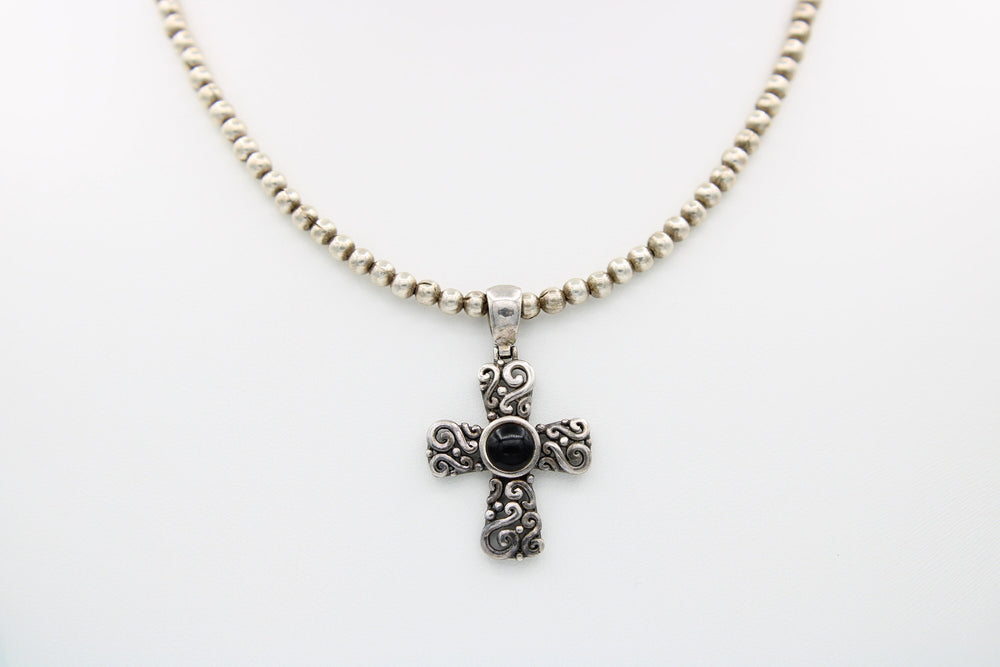 Vintage Black Onyx Crucifix / Cross Pendant Necklace - Sterling Silver with 925 Ball Beaded Chain Southwestern CFJ