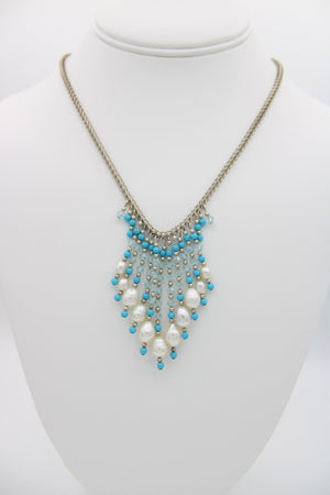 Vintage Genuine White Pearl Bib Necklace with Crystal Turquoise Silver Beads - Sterling Silver 925 Chain