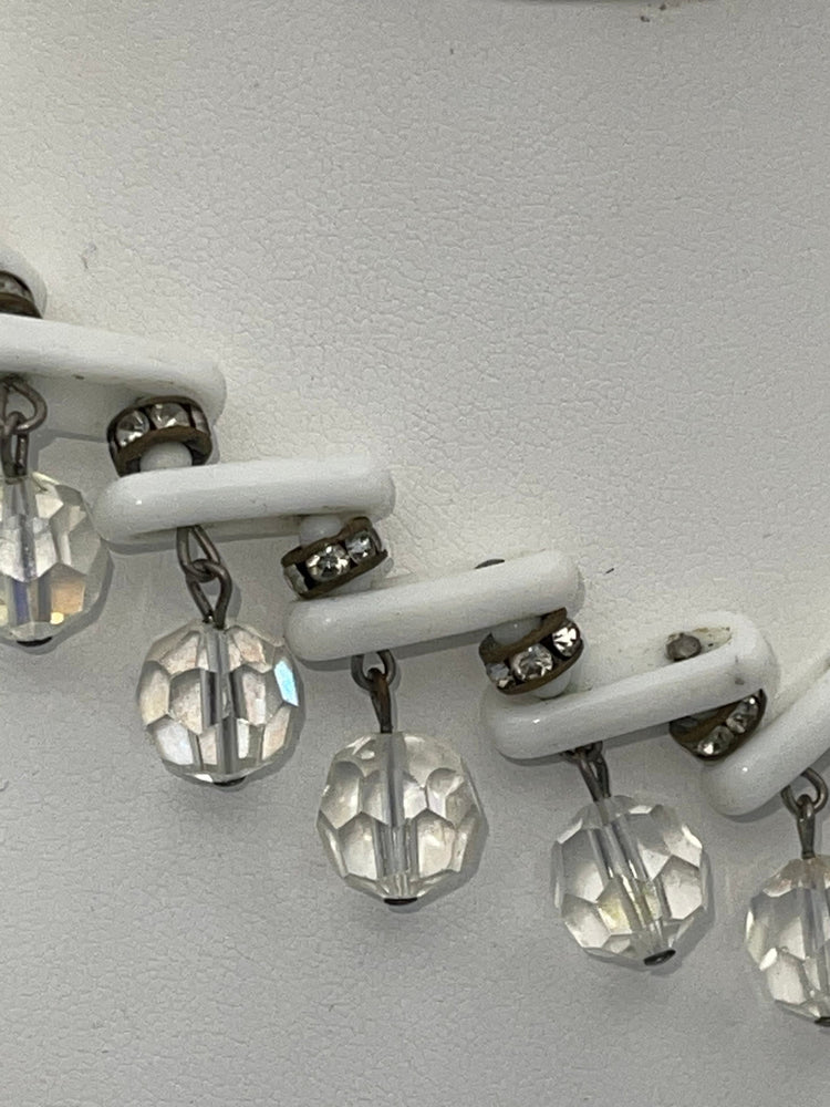 Vintage White Milk Glass & Crystal Dangle Choker Necklace Unique