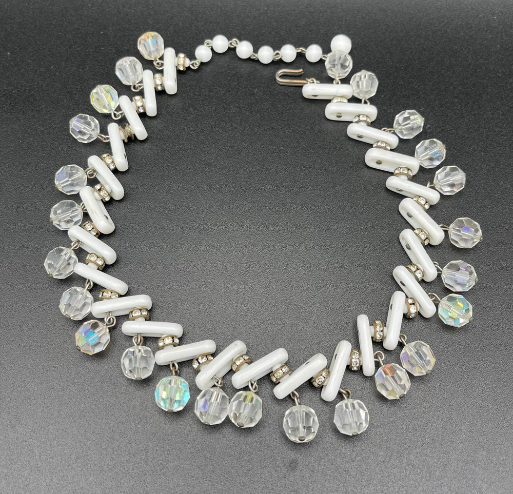 Vintage White Milk Glass & Crystal Dangle Cocktail Necklace Unique Retro Statement Choker