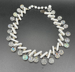 Vintage White Milk Glass & Crystal Dangle Cocktail Necklace Unique Retro Statement Choker