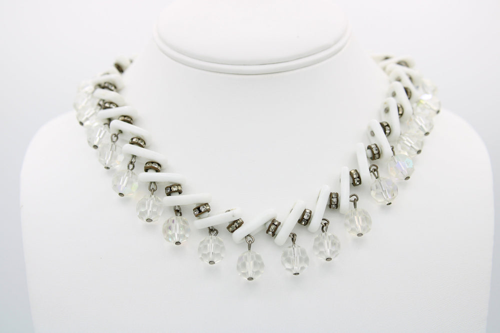 Vintage White Milk Glass & Crystal Dangle Cocktail Necklace Unique Retro Statement Choker