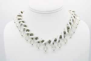 Vintage White Milk Glass & Crystal Dangle Cocktail Necklace Unique Retro Statement Choker
