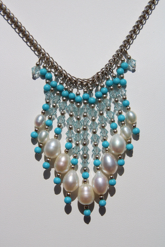 Vintage Genuine White Pearl Bib Necklace with Crystal Turquoise Silver Beads - Sterling Silver 925 Chain