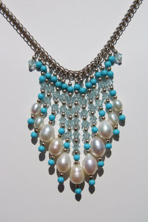 Vintage Genuine White Pearl Bib Necklace with Crystal Turquoise Silver Beads - Sterling Silver 925 Chain