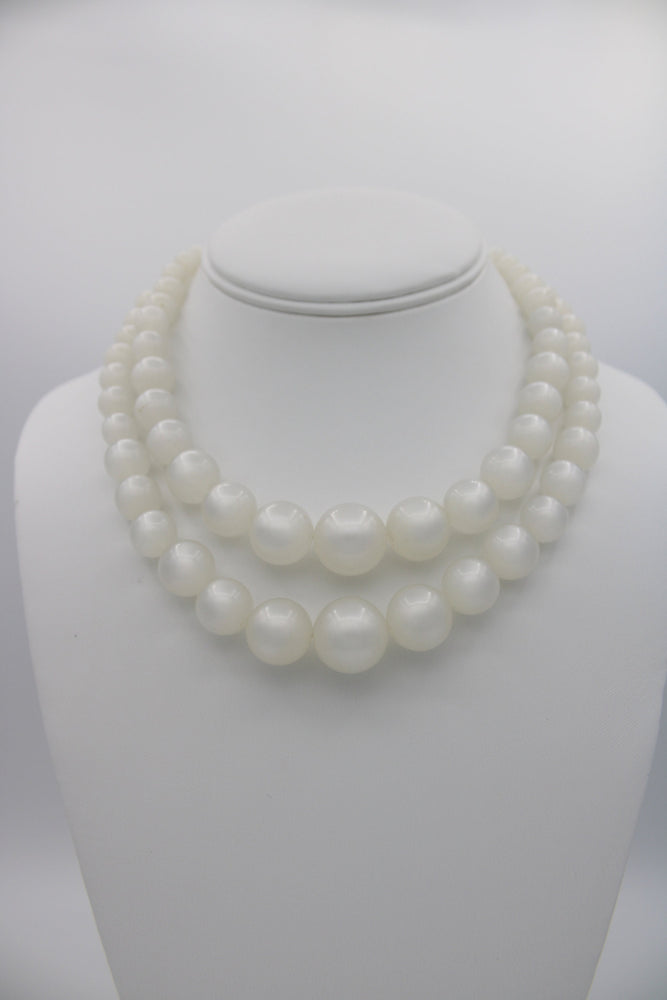 Vintage Creamy White Pearlescent Necklace - Moonstone Lucite Large Beads Two-strand Retro Necklace