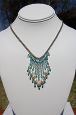 Vintage Genuine White Pearl Bib Necklace with Crystal Turquoise Silver Beads - Sterling Silver 925 Chain