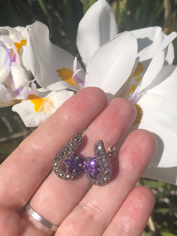 Vintage Antique Purple Amethyst Marcasites Sterling Silver Star Swirl Earrings 925 Unique