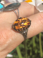 Vintage Antique Art Foil Glass Ring Black & Orange - Sterling Silver Adjustable Ring Size 7.5 to 9