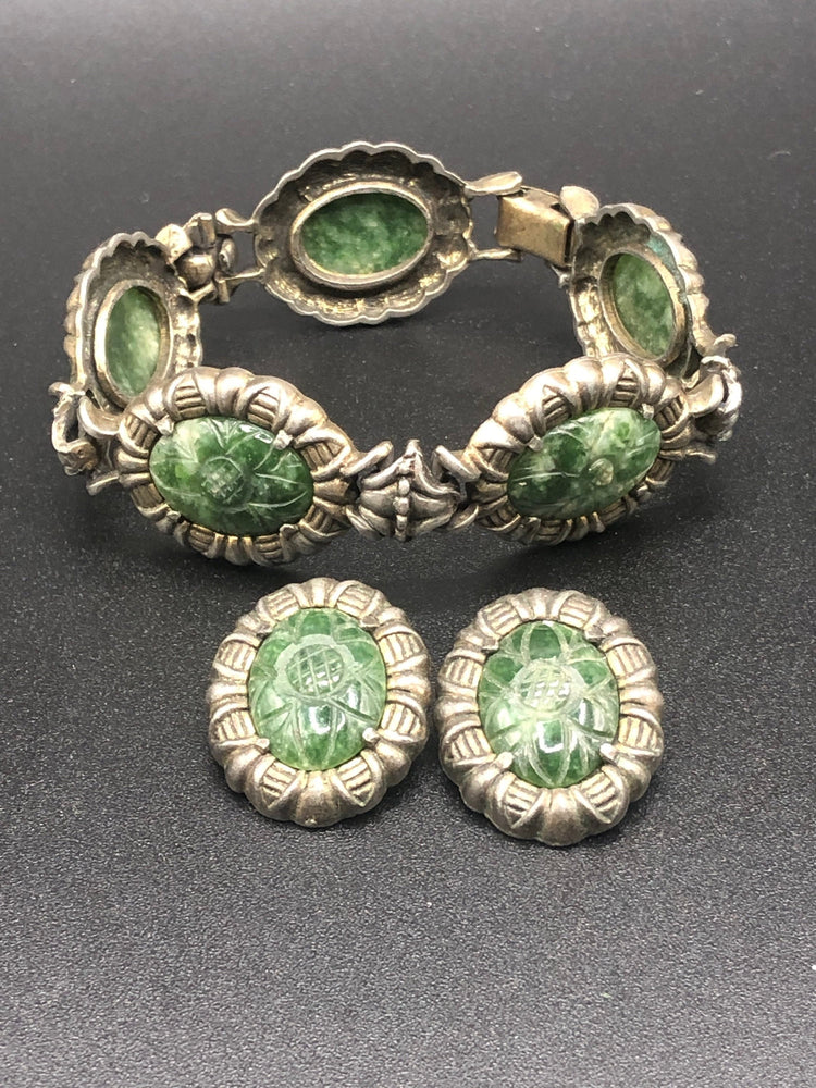 Stunning Antique Vintage Carved Nephrite Jade Cabochons Link Bracelet and Clip on Earrings Unique