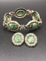 Stunning Antique Vintage Carved Nephrite Jade Cabochons Link Bracelet and Clip on Earrings Unique