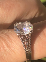 Vintage huge cz ring Oval cut floral band Victorian look sterling silver 925 size 8