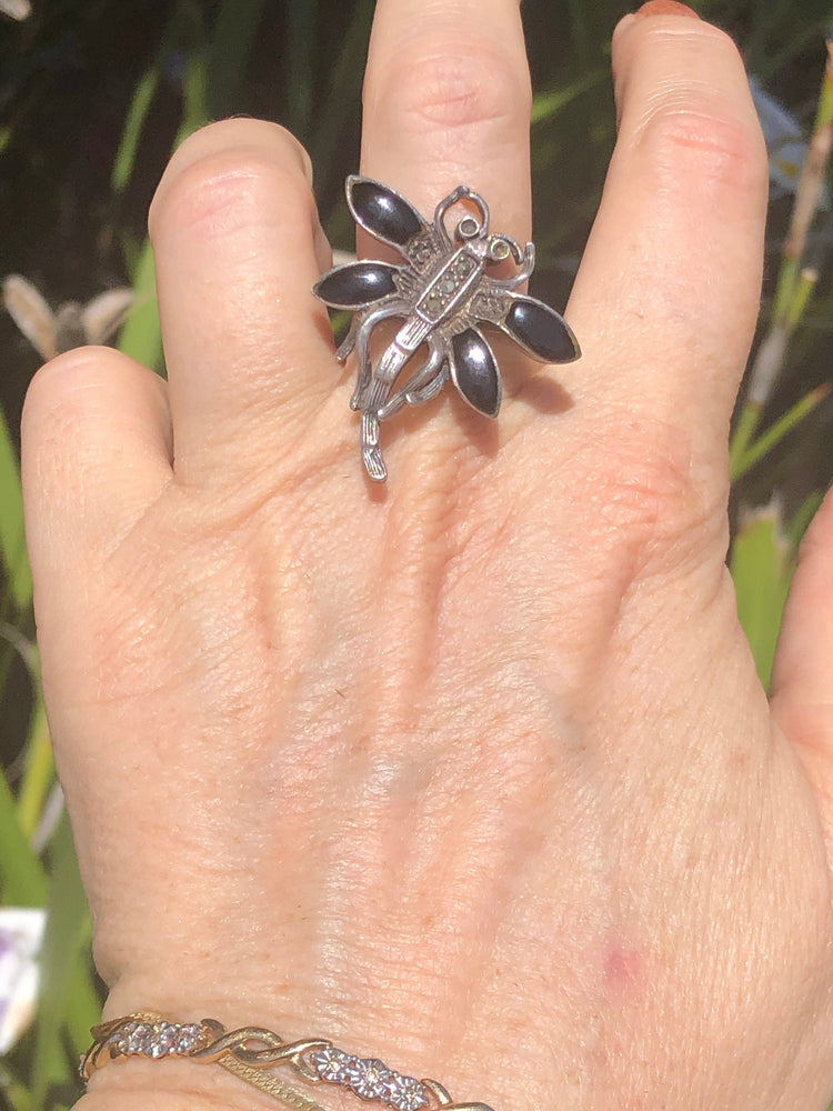 Vintage Beautiful Black Onyx Dragonfly Ring - Sterling Silver & Marcasites Ring Size  6.75