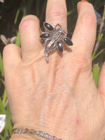 Vintage Beautiful Black Onyx Dragonfly Ring - Sterling Silver & Marcasites Ring Size  6.75