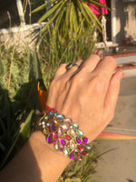 Beautiful multicolor rhinestone peacock clamper bracelet costume cocktail parties holidays brass bangle