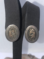 Vintage Joe Willeto Native American Indian Kokopelli earrings sterling silver and 14 karat yellow gold push back southwestern Spirit dancer