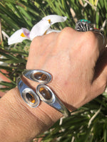 Stunning vintage antique Taxco modernist cuff bracelet sterling silver 925 Mexico signed Tigerseye gemstone agate