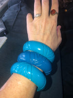 Vintage antique wooden carved painted bracelets blue designer Carol for Eva Gram Bangle