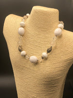 Vintage dauplaise Beaded necklace white swirl barrel and clear acrylic Lucite Silvertone Costume cocktail
