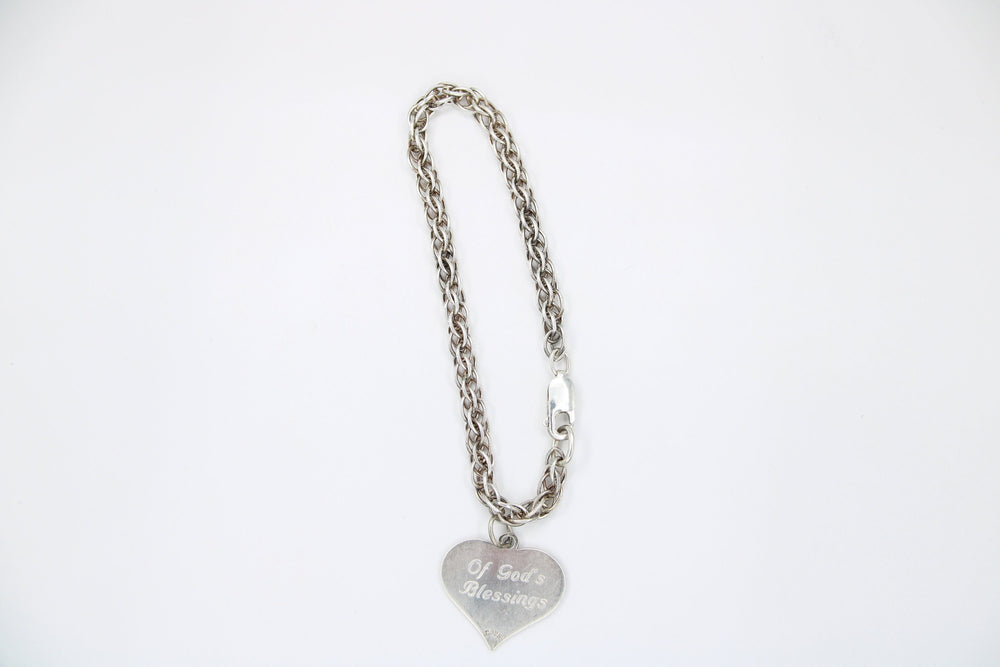 Vintage Sterling Silver Rope Chain Bracelet 25 Years Of Gods Blessings Silver Anniversary Heart Charm JC 925