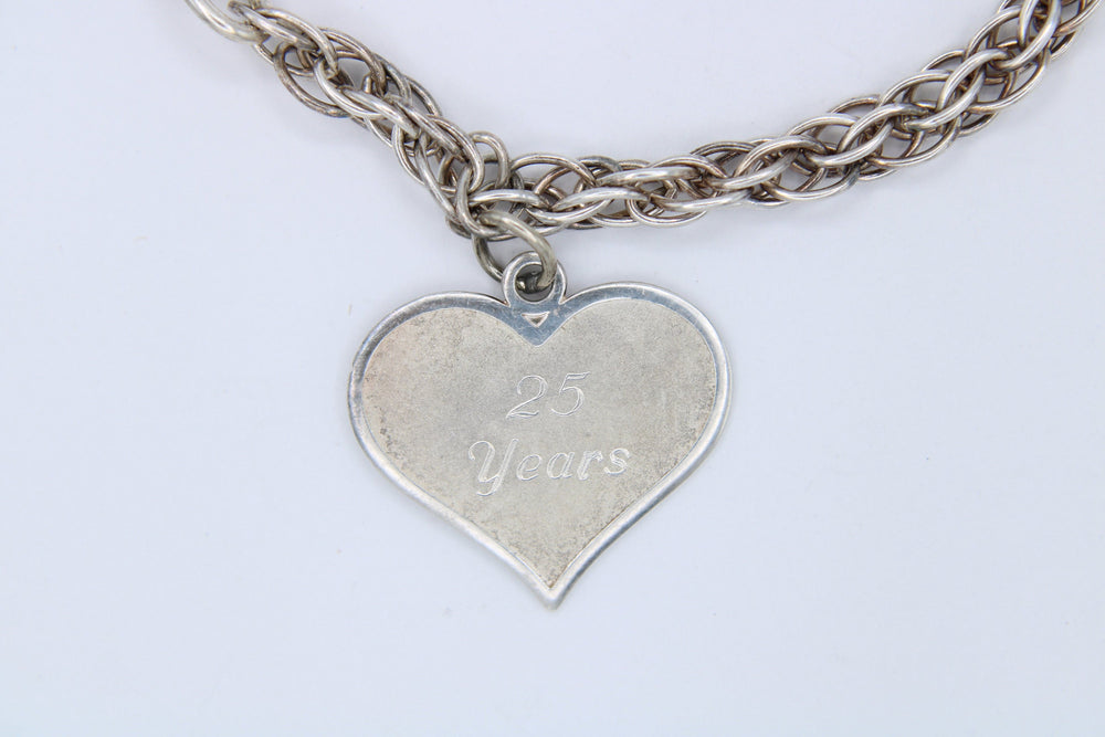 Vintage Sterling Silver Rope Chain Bracelet 25 Years Of Gods Blessings Silver Anniversary Heart Charm JC 925