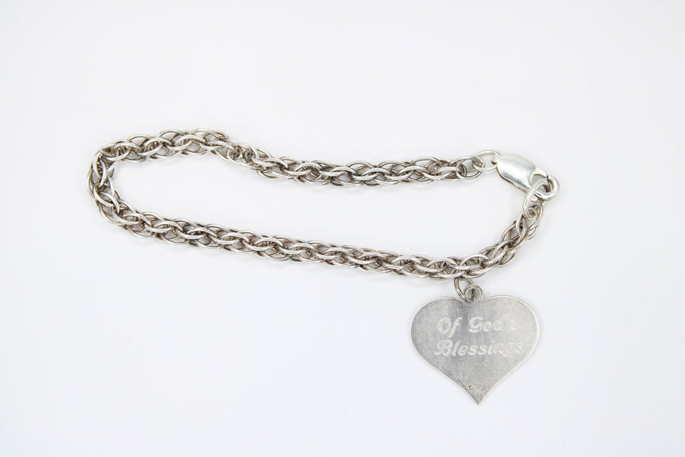 Vintage Sterling Silver Rope Chain Bracelet 25 Years Of Gods Blessings Silver Anniversary Heart Charm JC 925