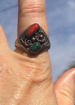 Vintage Native American Indian turquoise red coral sterling silver ring Size 8.75 old pawn solid quality Southwestern
