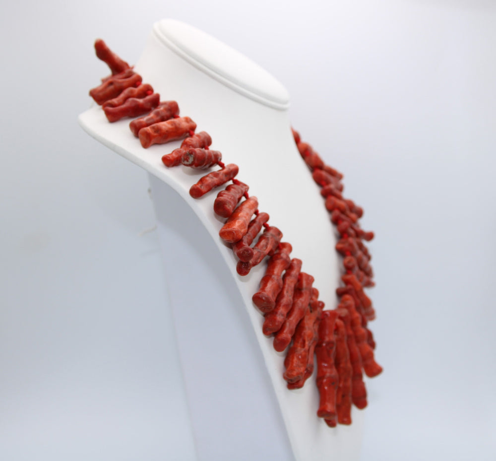 Huge Red Sponge Coral Stick / Beaded Collar Necklace Sterling Silver 925