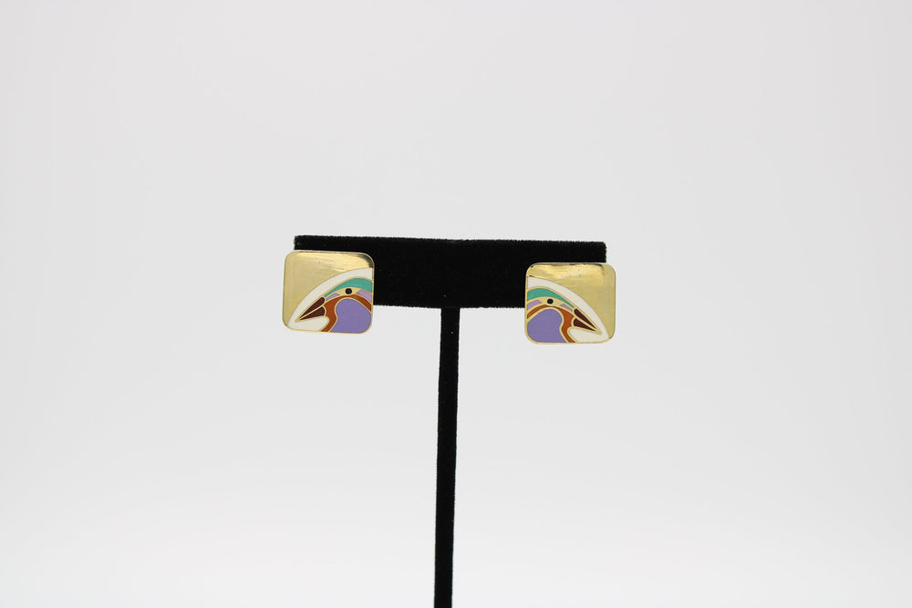 Vintage Laurel Burch Enamel Earrings Square Gold-tone Bird of Paradise