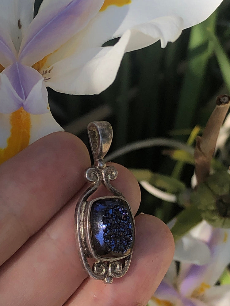 Vintage druzy quartz purple / black crystal sterling silver 925 Sajen pendant 4 necklace