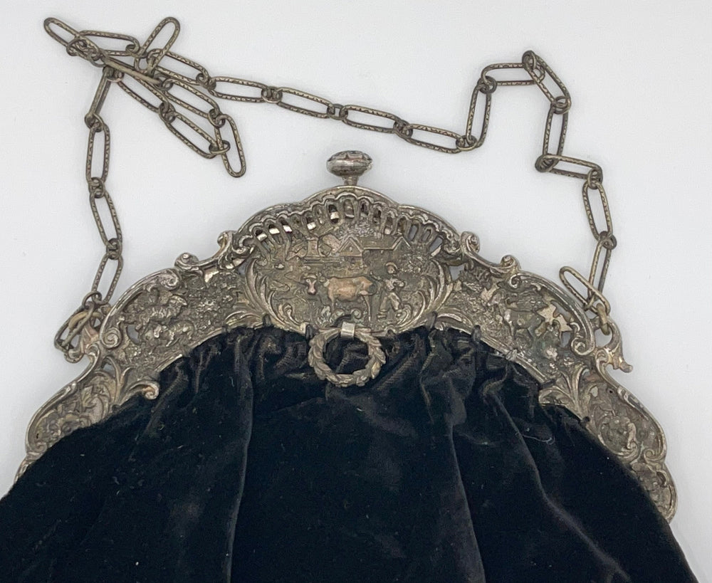 Victorian 1800s Black Velvet Hand Bag Silver Metal Frame Ornate Plunger & Pull Tab Purse Farm Satchel Pouch
