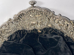 Victorian 1800s Black Velvet Hand Bag Silver Metal Frame Ornate Plunger & Pull Tab Purse Farm Satchel Pouch