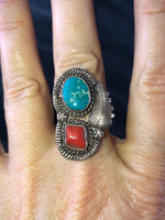 Vintage Native American Indian turquoise red coral 6.75 leaf Fred Harvey Era