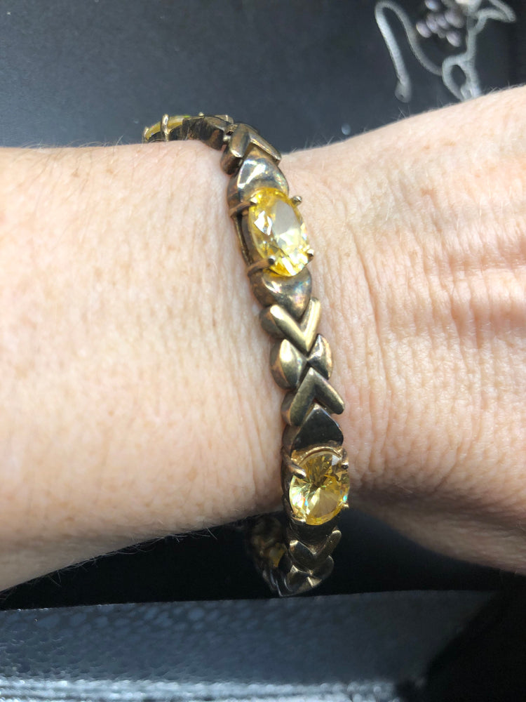 Vintage sterling silver 925 yellow gemstone or glass crystal DBJ Thai Link bracelet Gold Vermeil